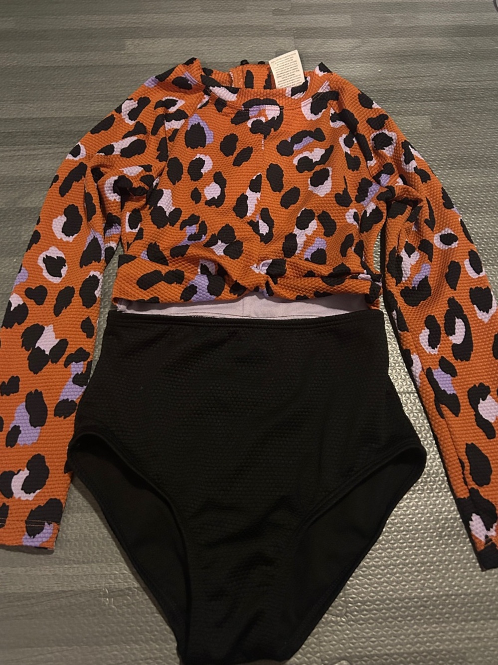 Orange Leopard Print Long-Sleeve One-Piece Swimsuit